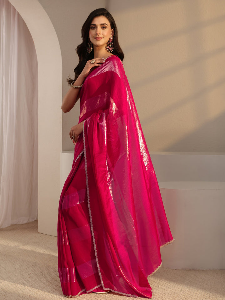 Libas Pink Striped Embellished Tissue Saree With Unstitched Blouse Piece