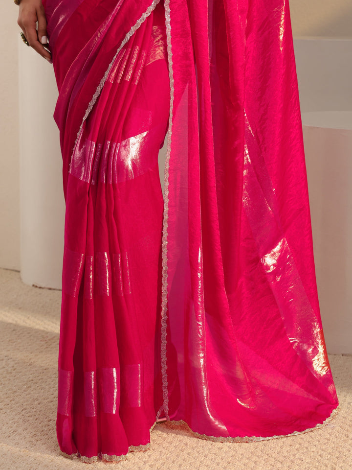 Libas Pink Striped Embellished Tissue Saree With Unstitched Blouse Piece