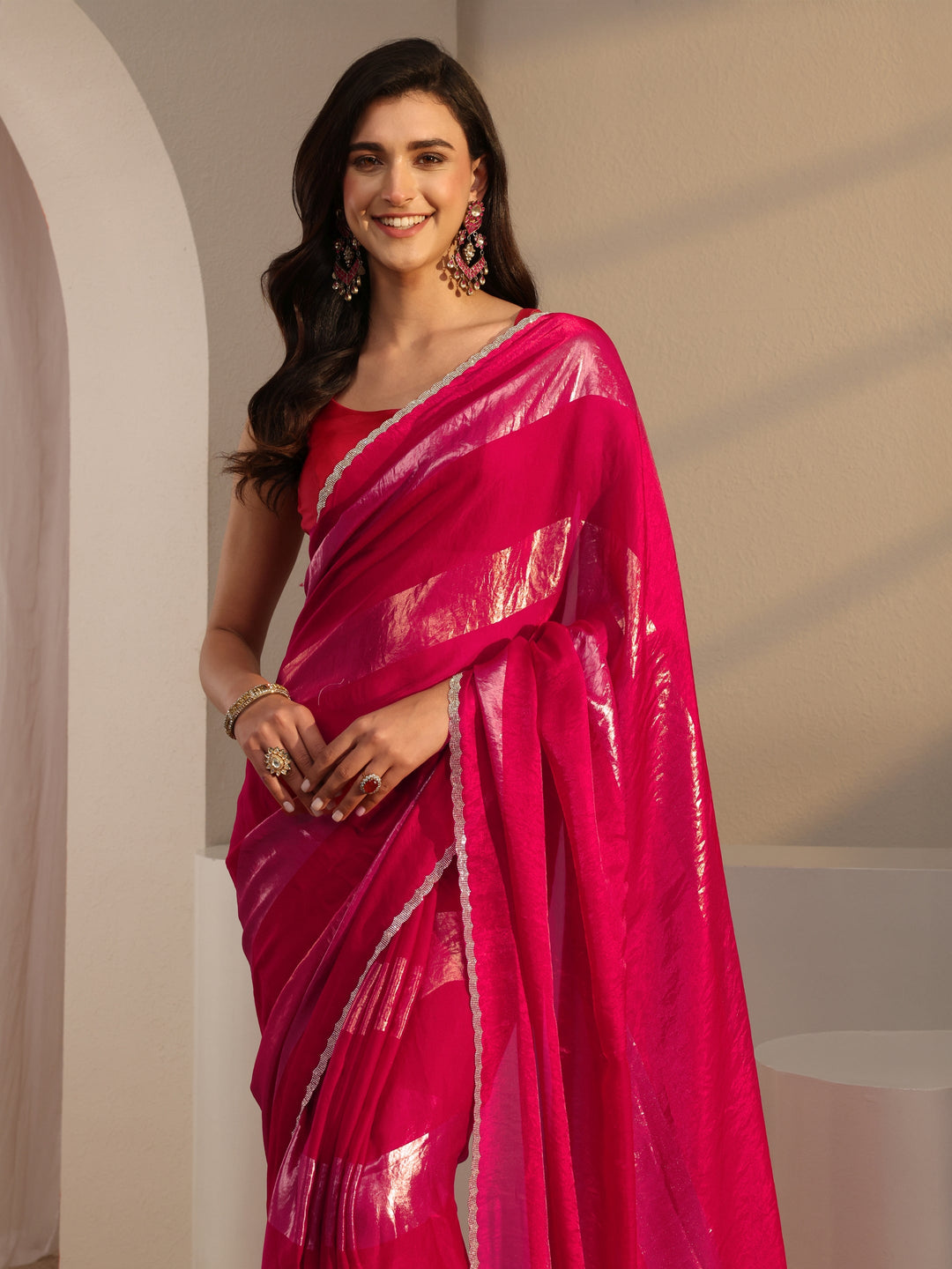 Pink Striped Embellished Tissue Saree With Unstitched Blouse Piece