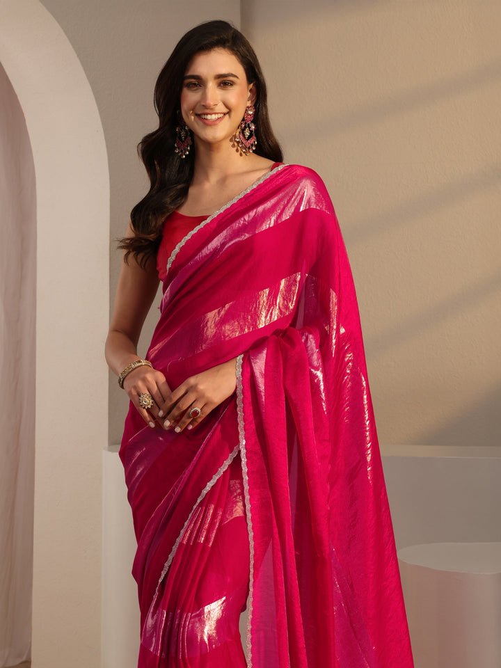 Libas Pink Striped Embellished Tissue Saree With Unstitched Blouse Piece