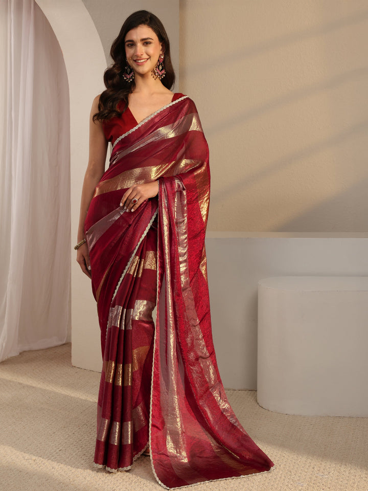 Maroon Striped Embellished Tissue Saree With Unstitched Blouse Piece