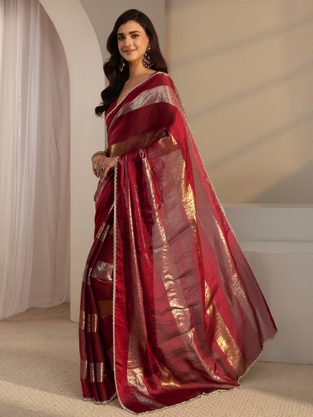 Maroon Striped Embellished Tissue Saree With Unstitched Blouse Piece