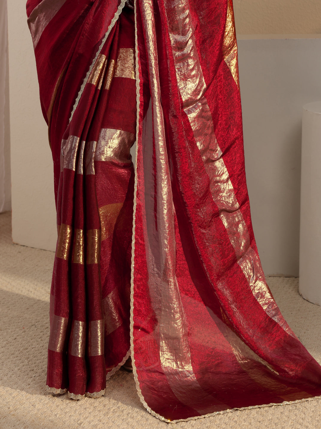 Maroon Striped Embellished Tissue Saree With Unstitched Blouse Piece