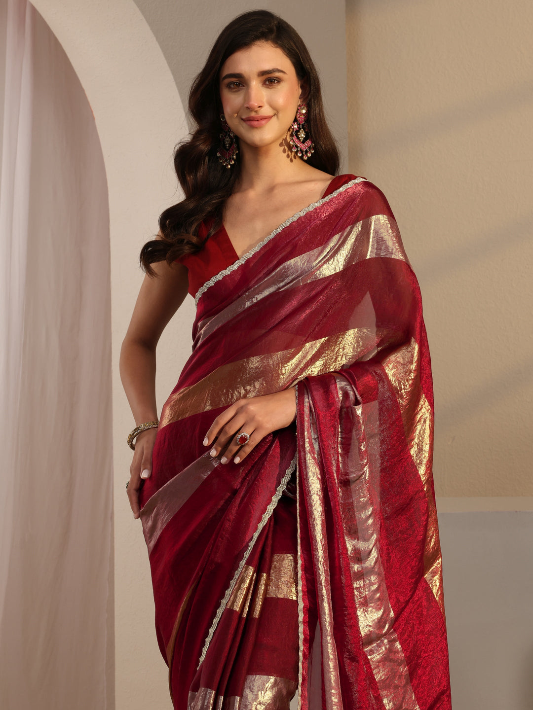 Maroon Striped Embellished Tissue Saree With Unstitched Blouse Piece
