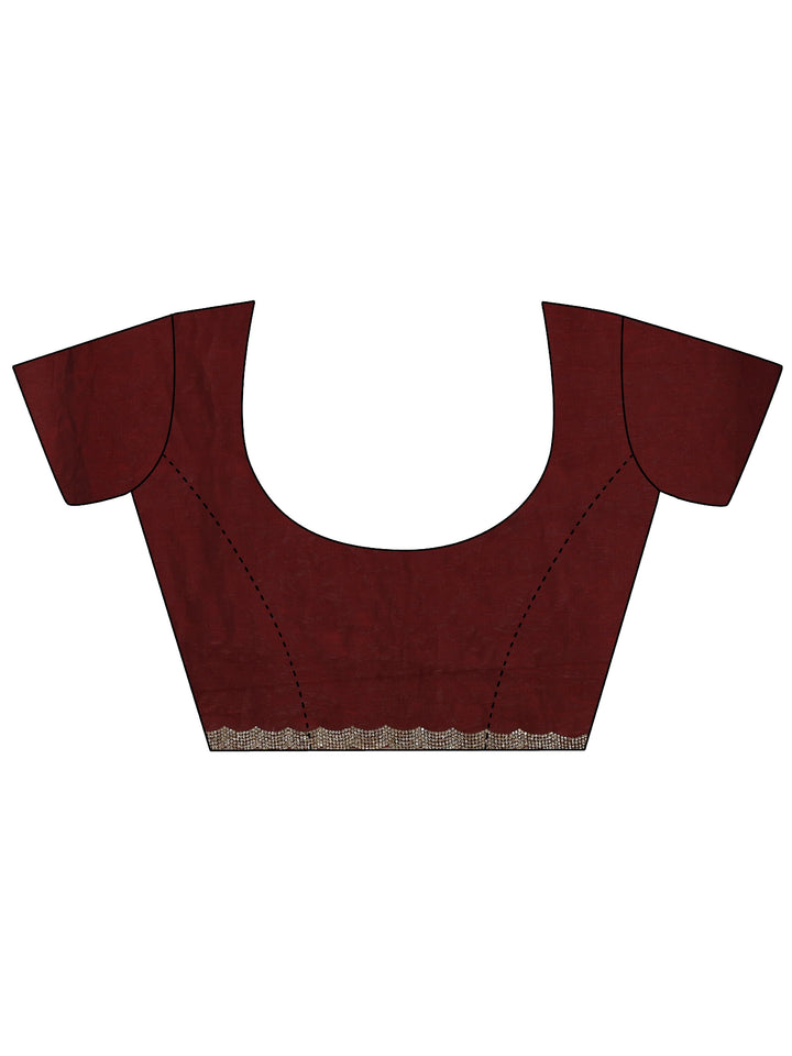 Maroon Striped Embellished Tissue Saree With Unstitched Blouse Piece