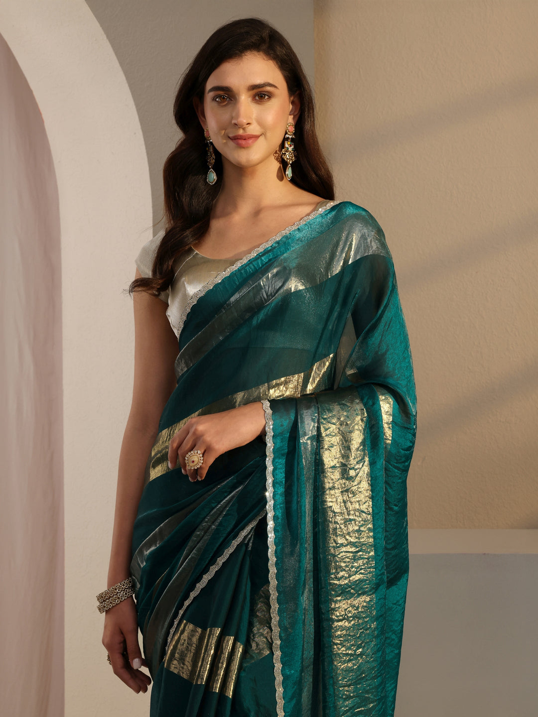 Green Striped Embellished Tissue Saree With Unstitched Blouse Piece