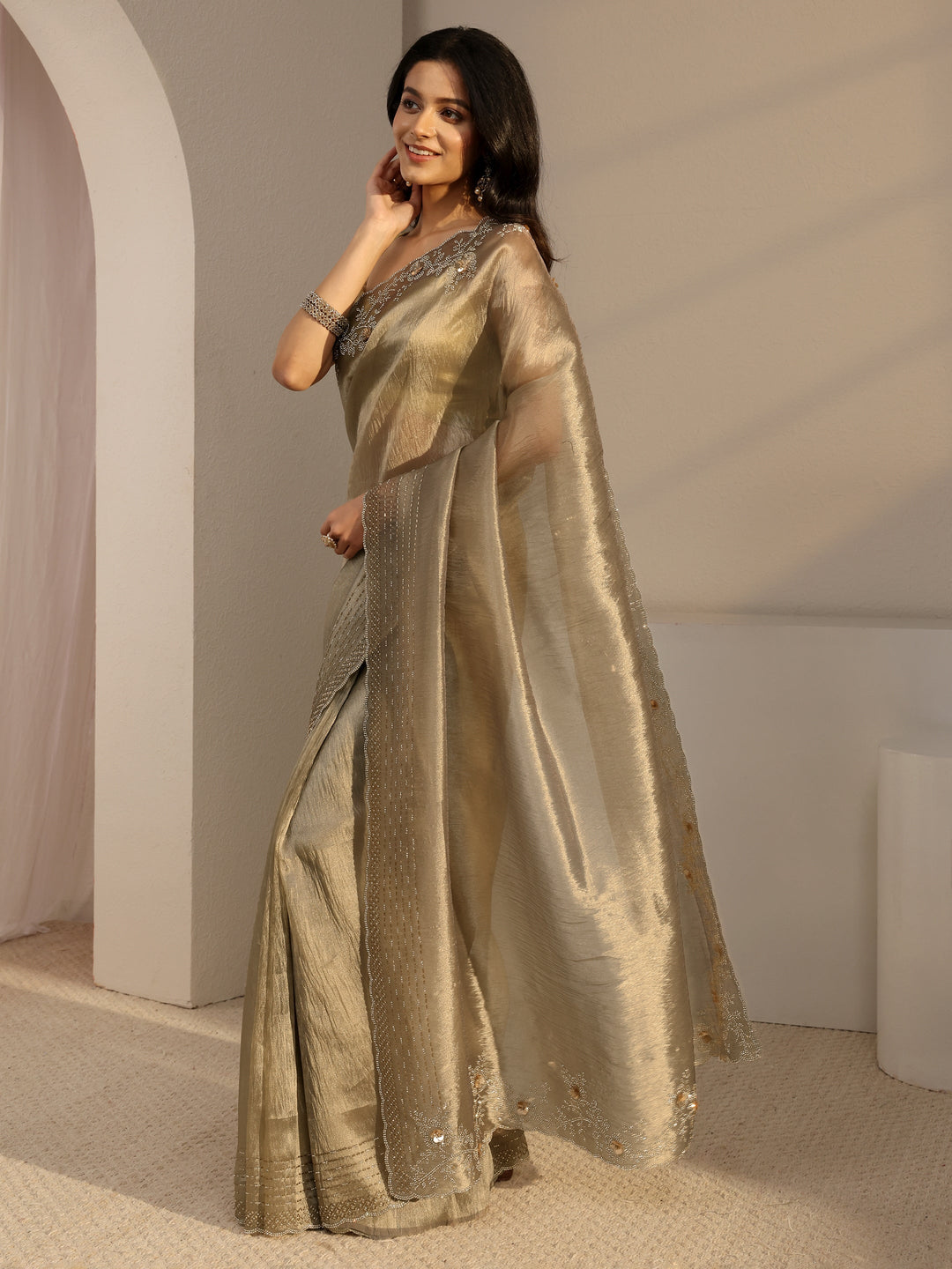 Libas Golden Embellished Tissue Saree With Unstiched Blouse Piece