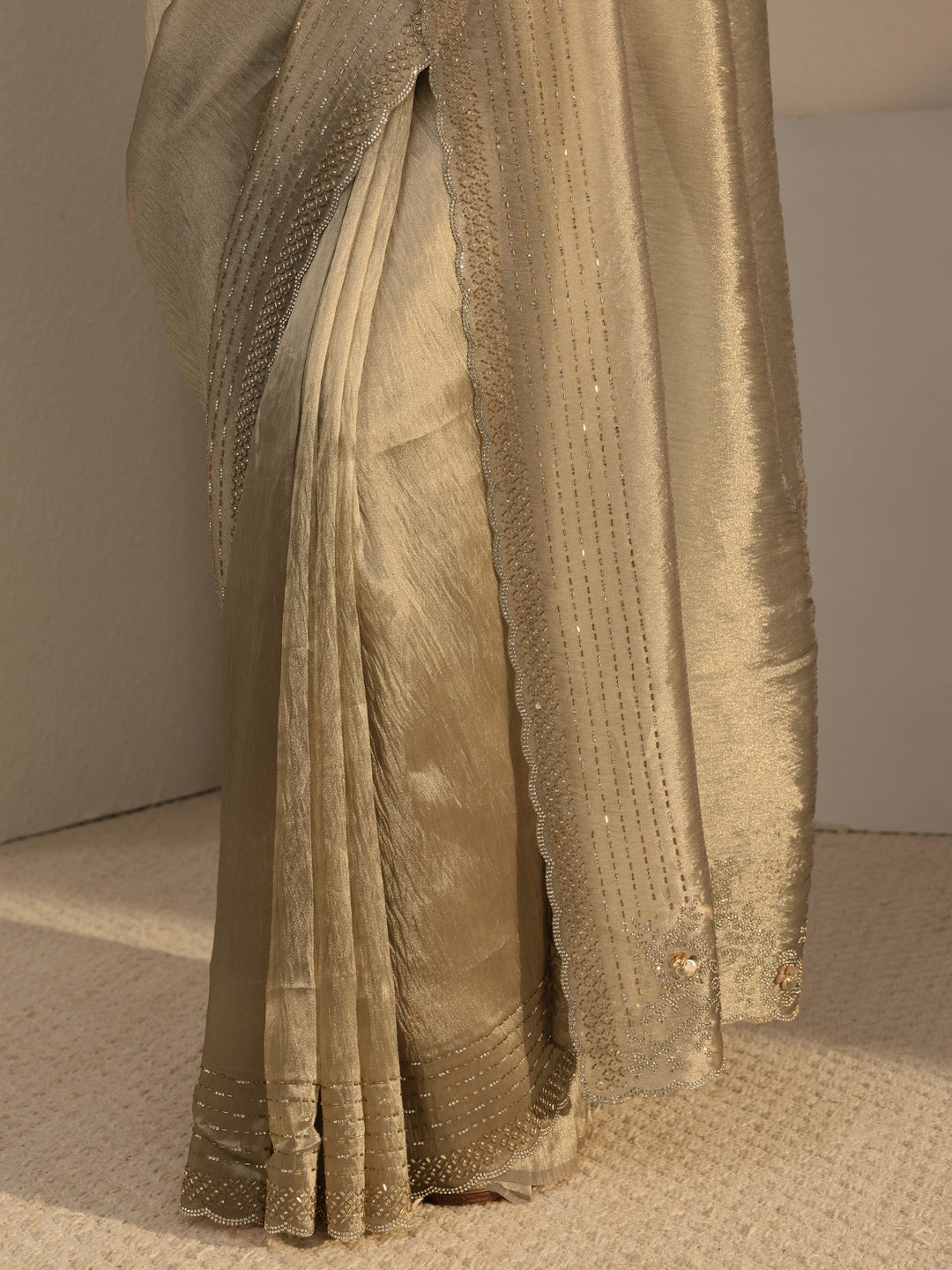 Libas Golden Embellished Tissue Saree With Unstiched Blouse Piece