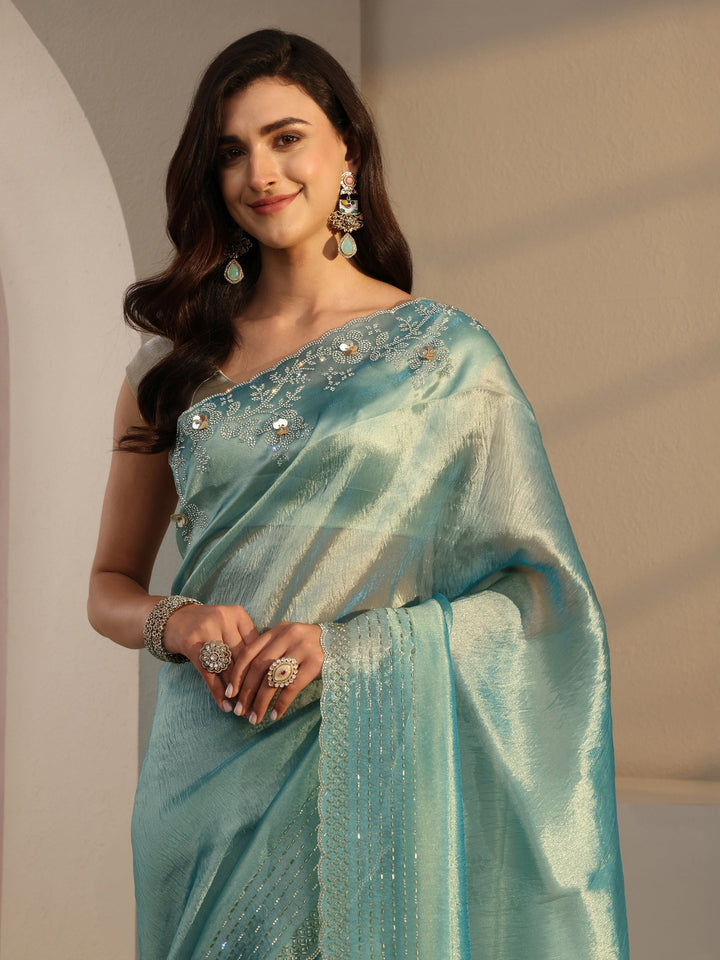 Blue Embellished Tissue Saree With Unstitched Blouse Piece