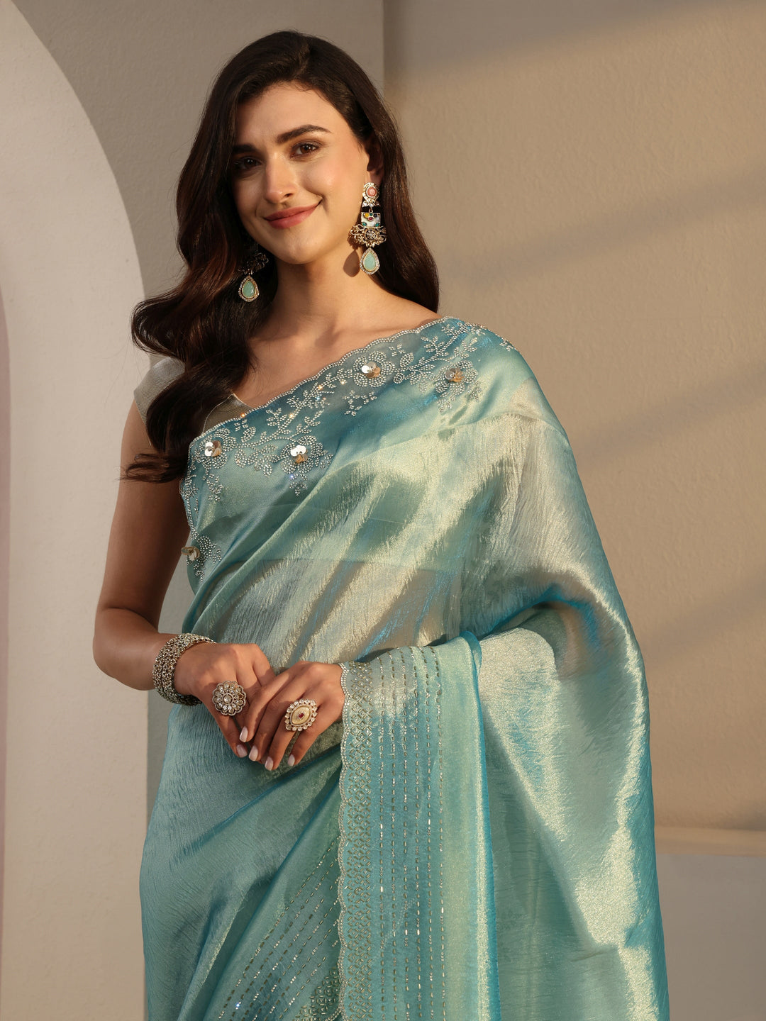 Libas Blue Embellished Tissue Saree With Unstitched Blouse Piece