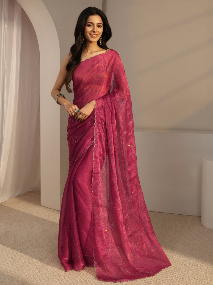 Pink  Embellished Tissue Saree With Unstiched Blouse Piece