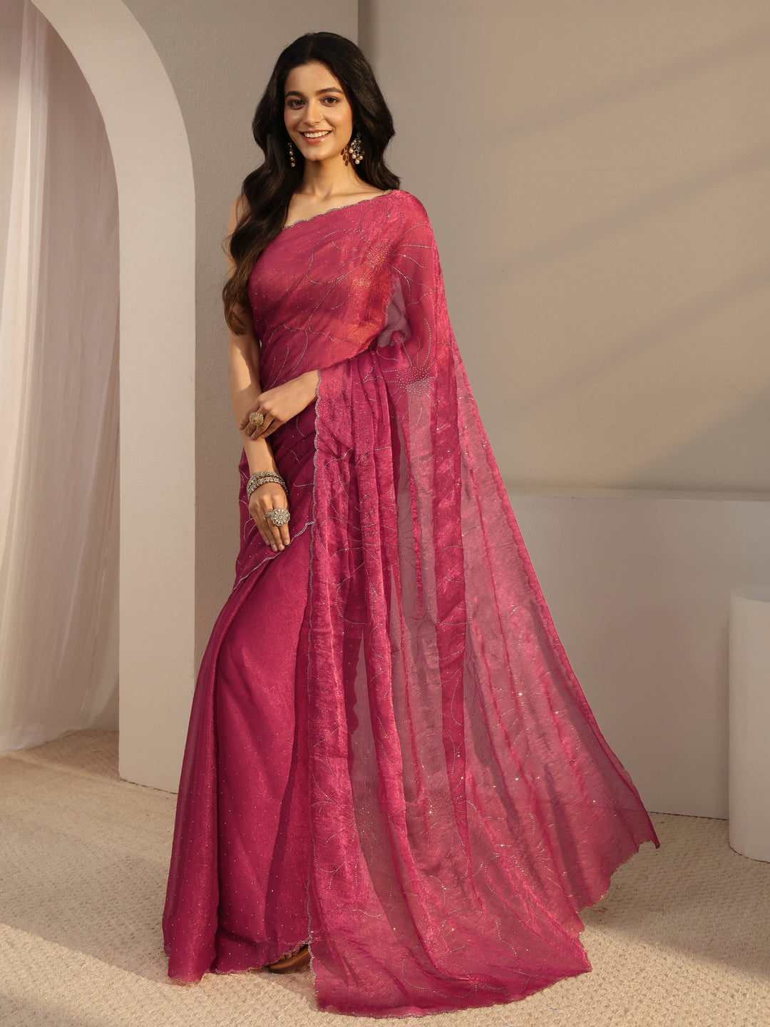 Pink  Embellished Tissue Saree With Unstiched Blouse Piece