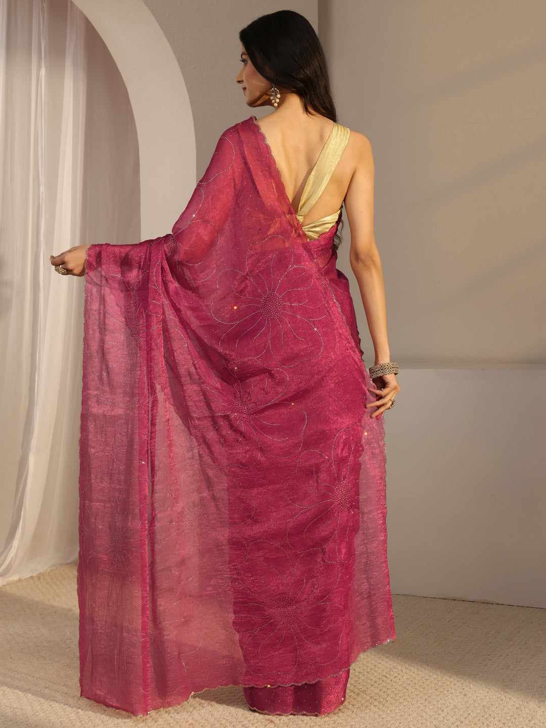 Pink  Embellished Tissue Saree With Unstiched Blouse Piece