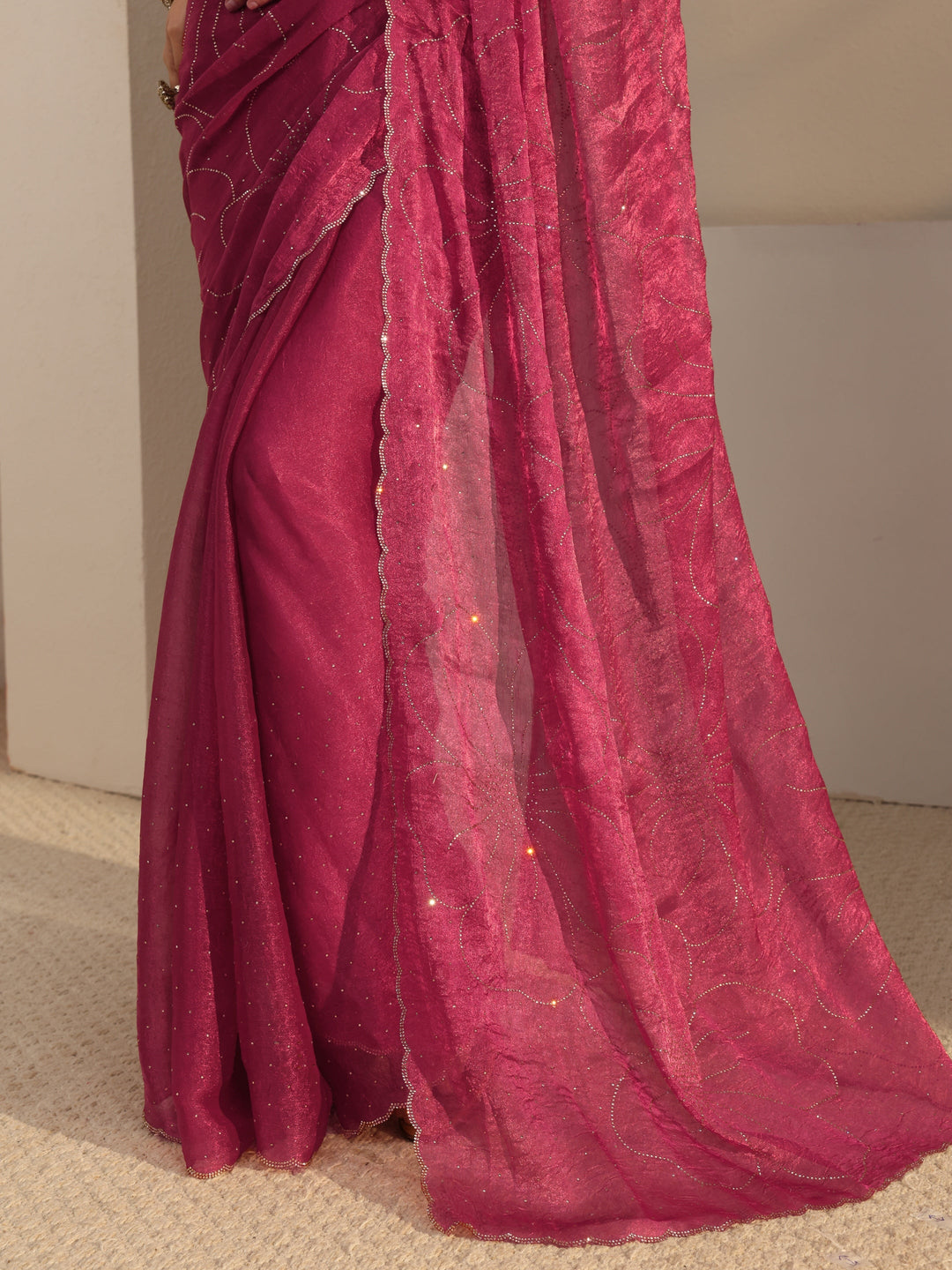 Pink  Embellished Tissue Saree With Unstiched Blouse Piece