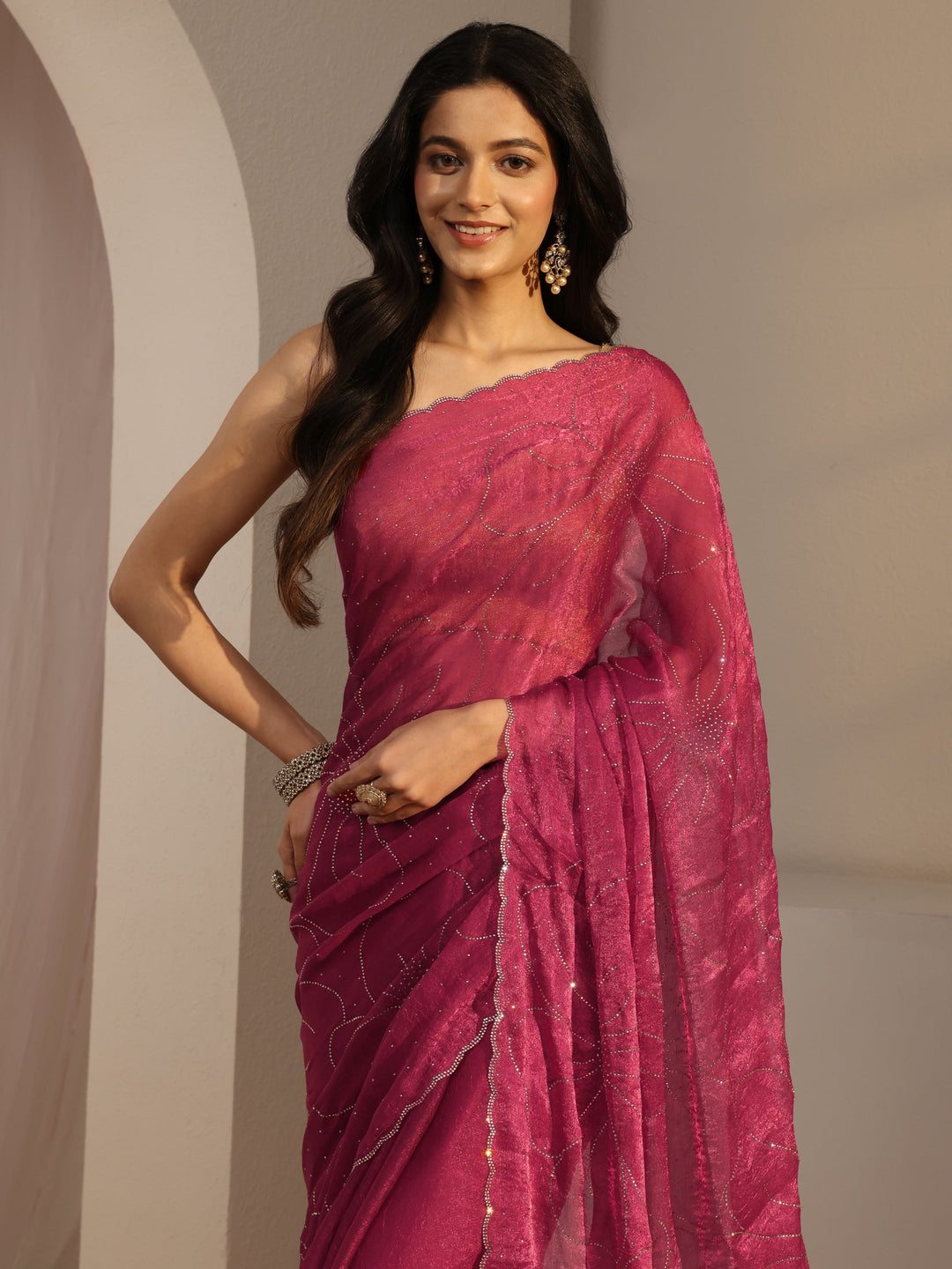 Pink  Embellished Tissue Saree With Unstiched Blouse Piece