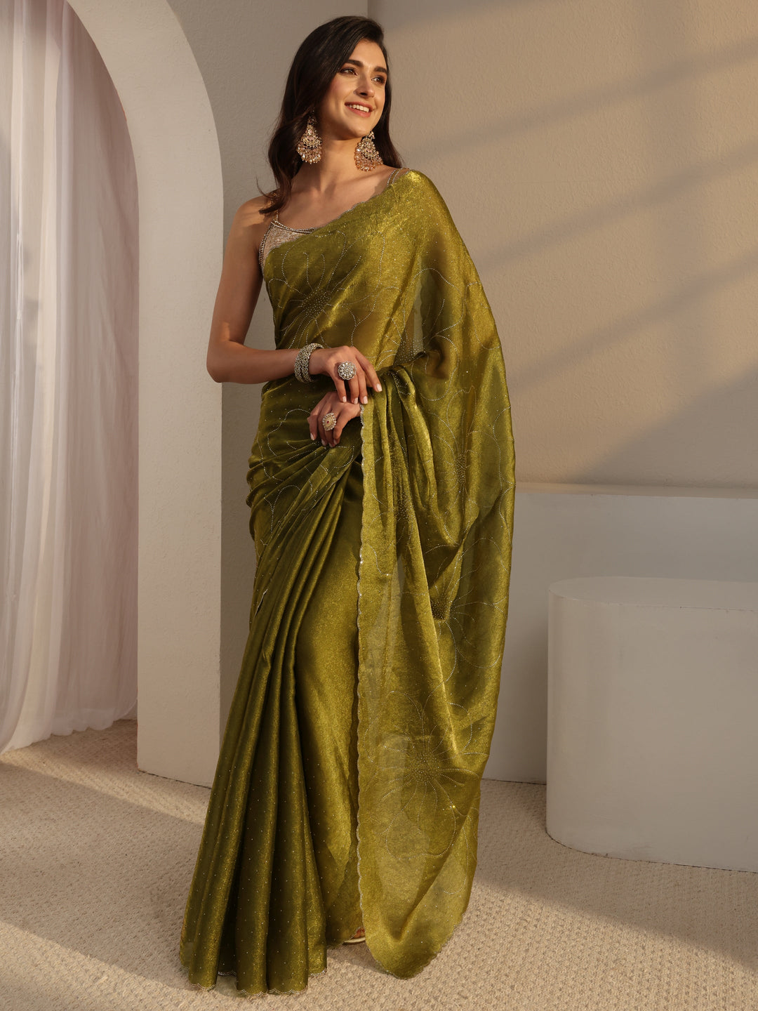 Libas Green Floral Embellished Tissue Saree With Unstitched Blouse Piece