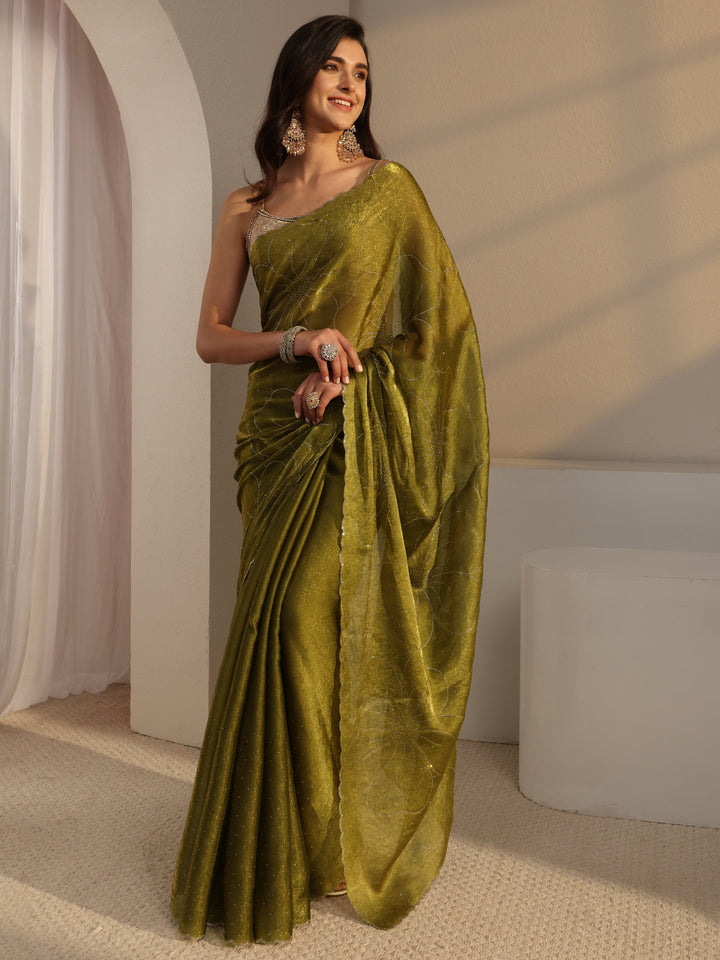 Libas Green Floral Embellished Tissue Saree With Unstitched Blouse Piece