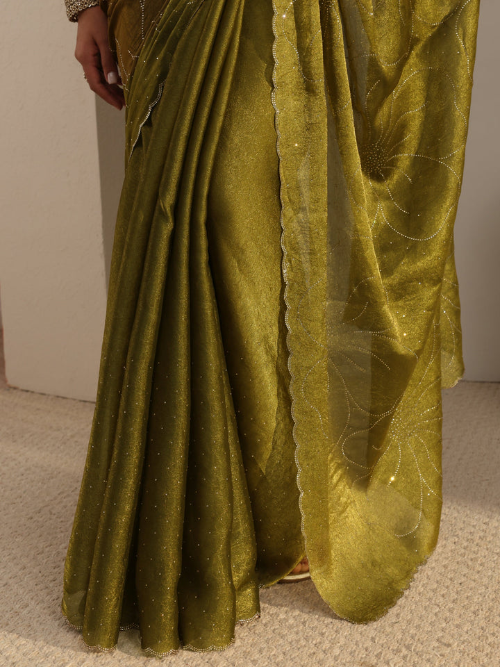 Green Floral Embellished Tissue Saree With Unstitched Blouse Piece