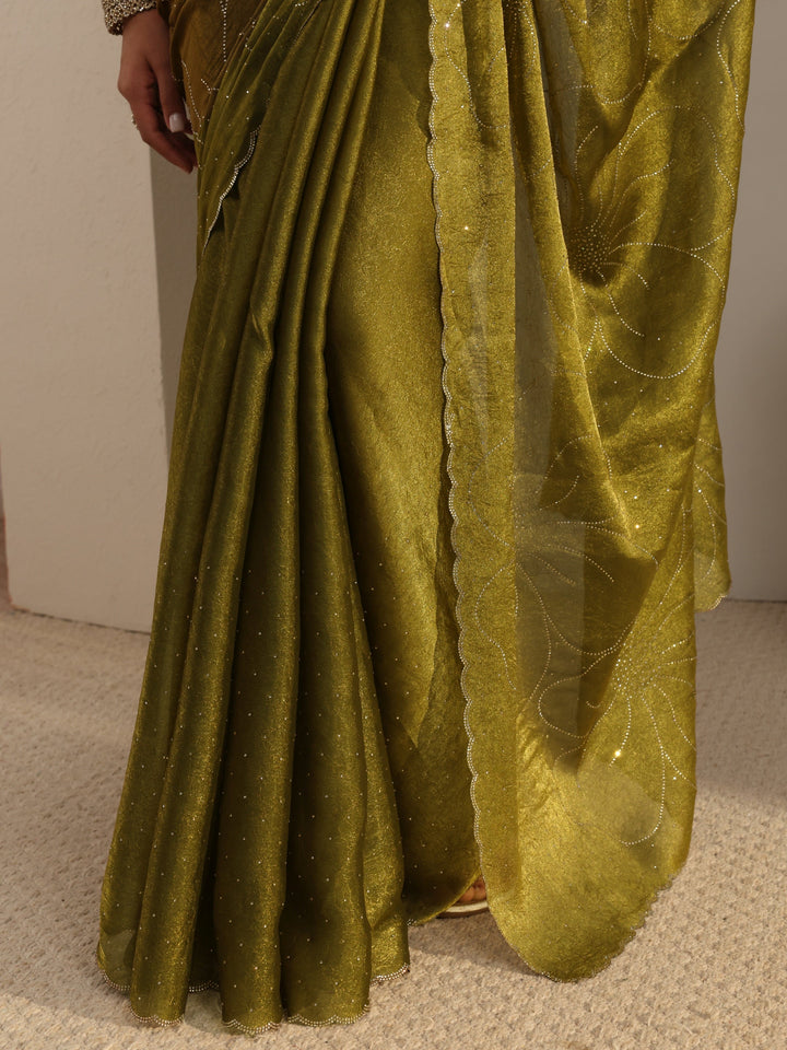 Libas Green Floral Embellished Tissue Saree With Unstitched Blouse Piece