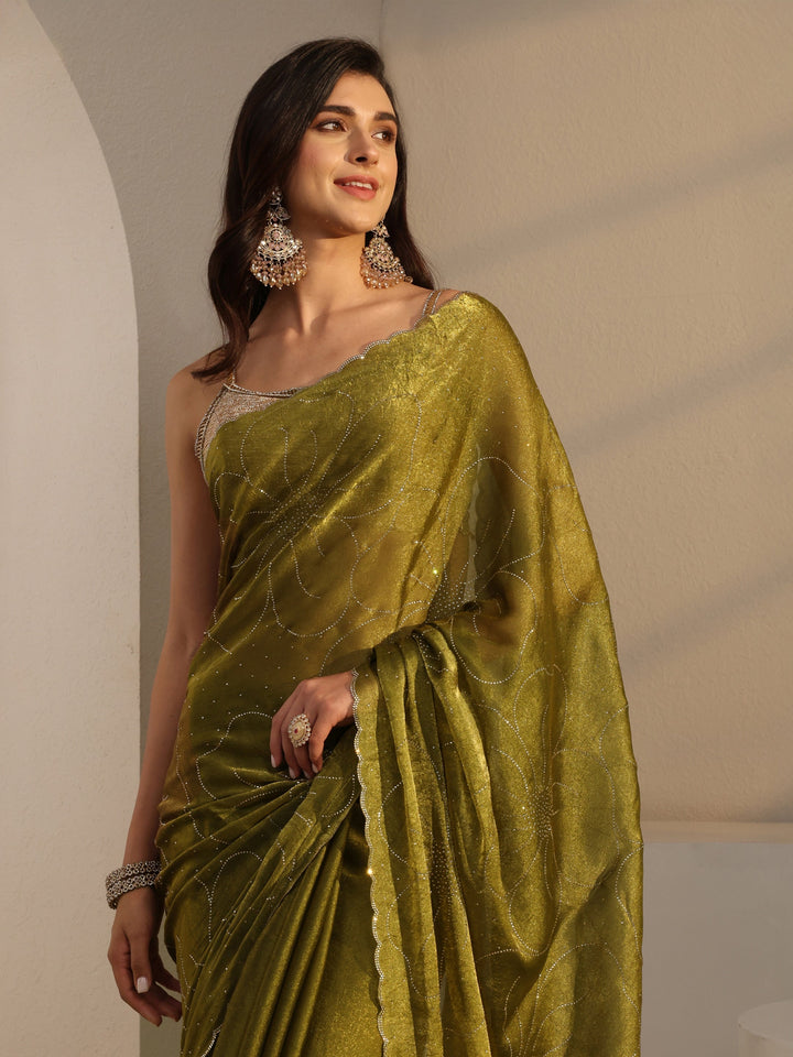 Libas Green Floral Embellished Tissue Saree With Unstitched Blouse Piece