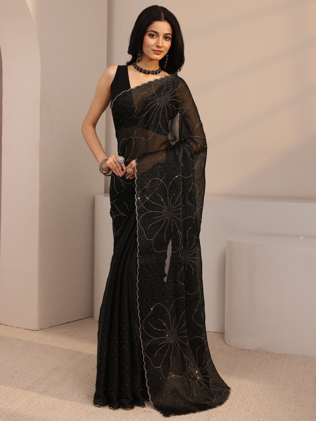 Libas Black Embellished Tissue Saree With Unstiched Blouse Piece
