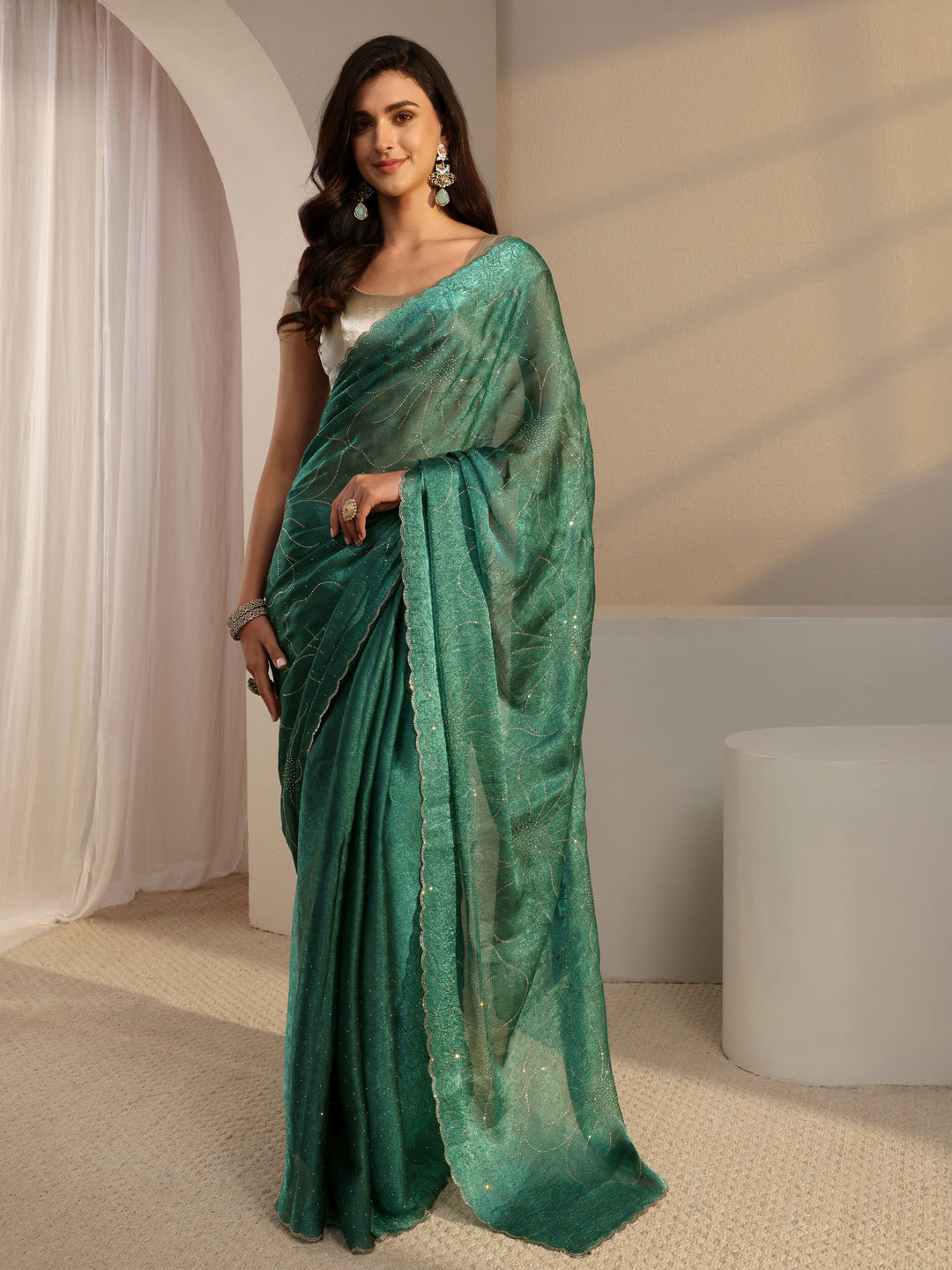 Green Floral Embellished Tissue Saree With Unstitched Blouse Piece