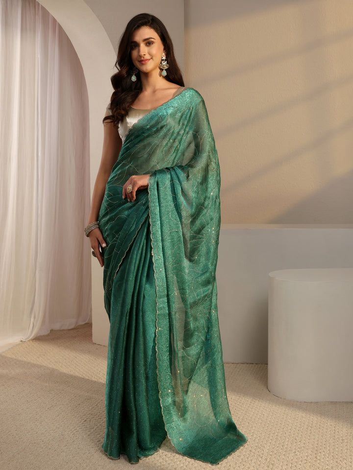 Green Floral Embellished Tissue Saree With Unstitched Blouse Piece
