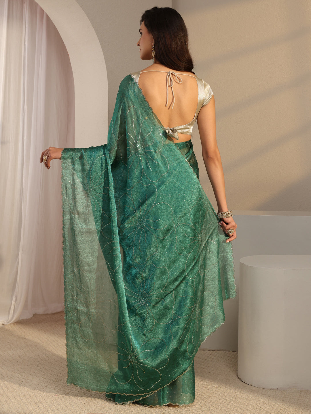 Green Floral Embellished Tissue Saree With Unstitched Blouse Piece