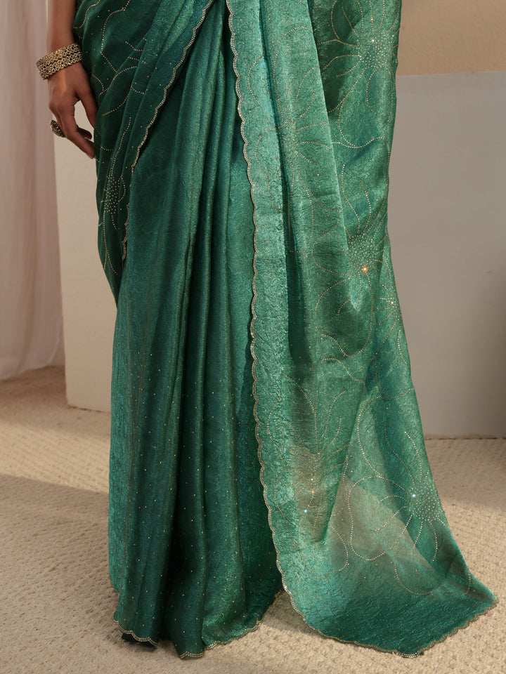 Green Floral Embellished Tissue Saree With Unstitched Blouse Piece