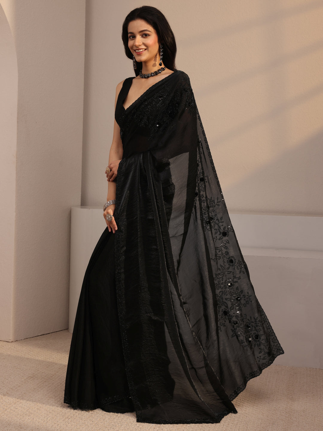 Libas Black Embellished Tissue Saree With Unstiched Blouse Piece