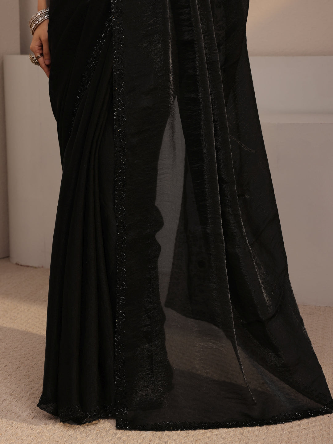 Libas Black Embellished Tissue Saree With Unstiched Blouse Piece