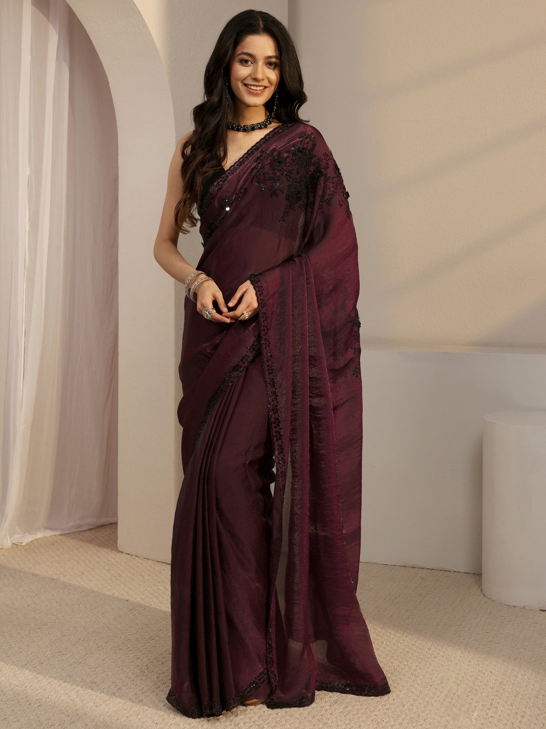 Libas Burgundy Embellished Tissue Saree With Unstiched Blouse Piece