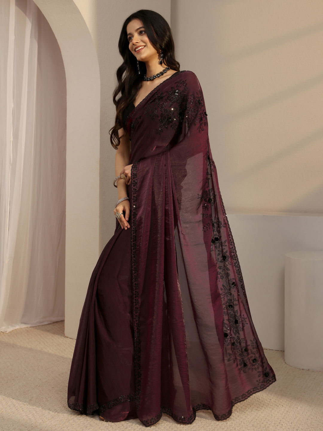 Libas Burgundy Embellished Tissue Saree With Unstiched Blouse Piece