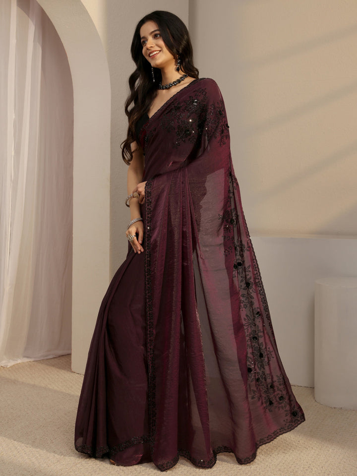 Libas Burgundy Embellished Tissue Saree With Unstiched Blouse Piece