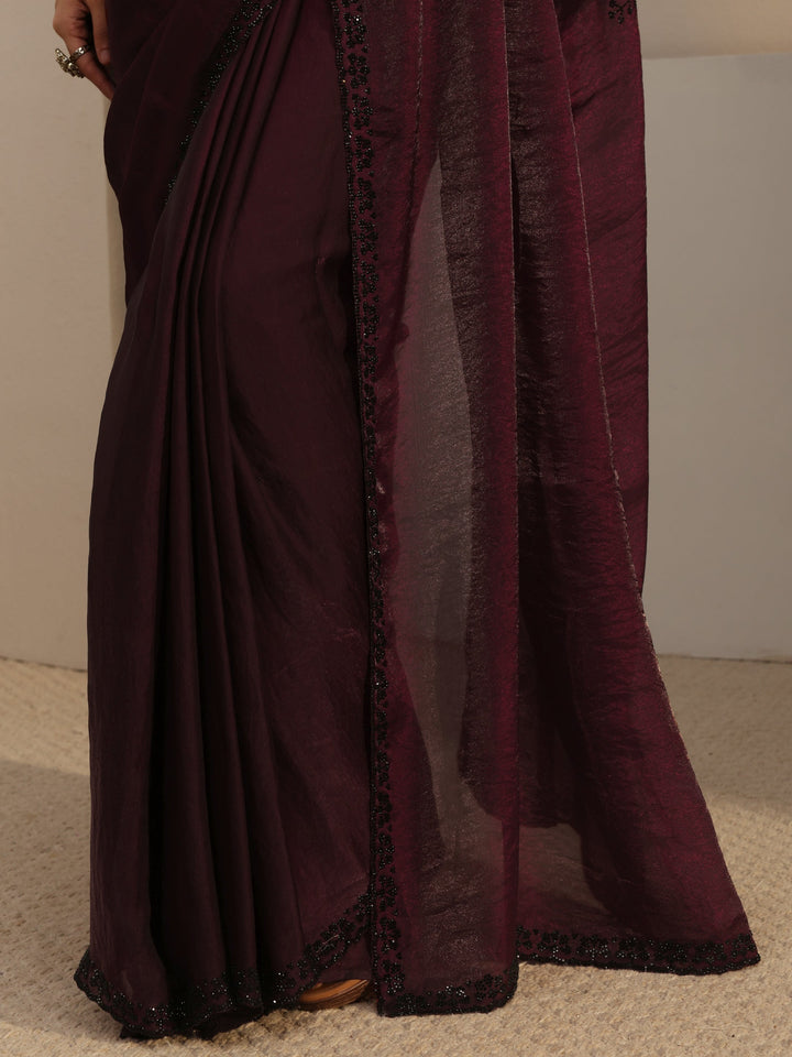Libas Burgundy Embellished Tissue Saree With Unstiched Blouse Piece