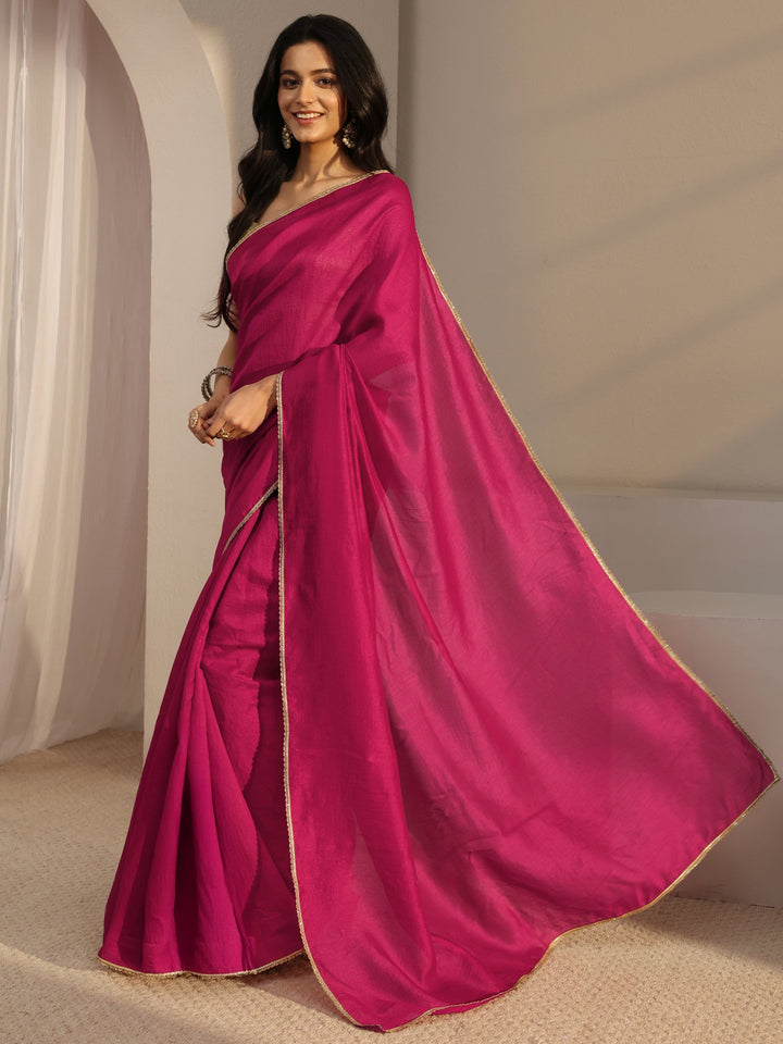 Pink Solid  Silk Blend Saree With Unstiched Blouse Piece