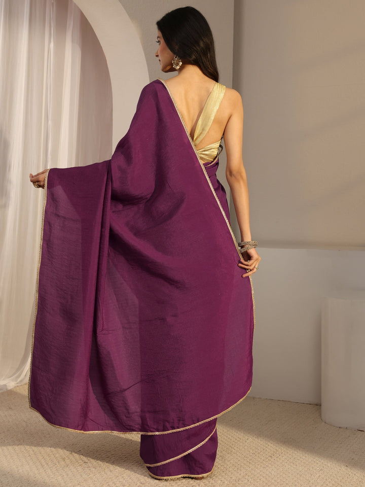Purple Solid Silk Blend Saree With Unstiched Blouse Piece