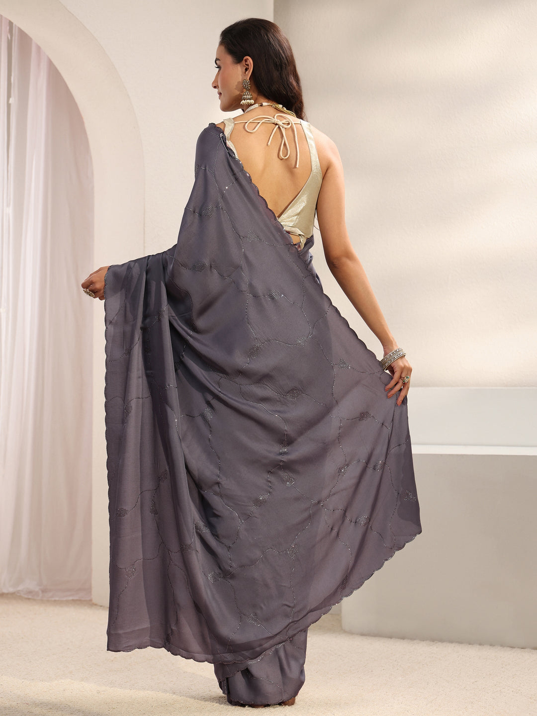 Grey Embellished Satin Saree With Unstitched Blouse Piece