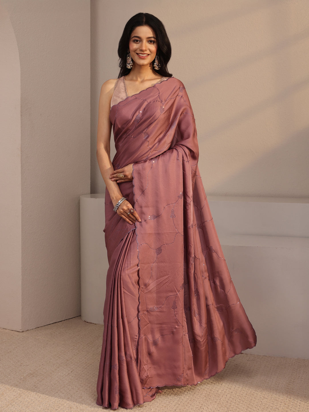 Mauve Embellished Satin Saree With Unstiched Blouse Piece