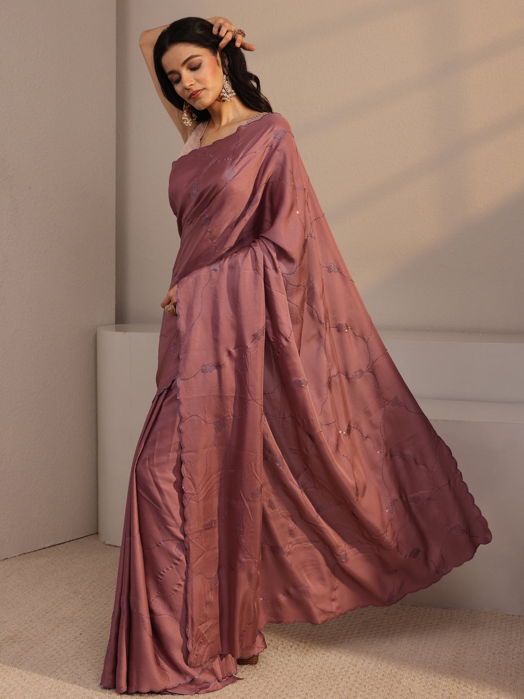 Mauve Embellished Satin Saree With Unstiched Blouse Piece