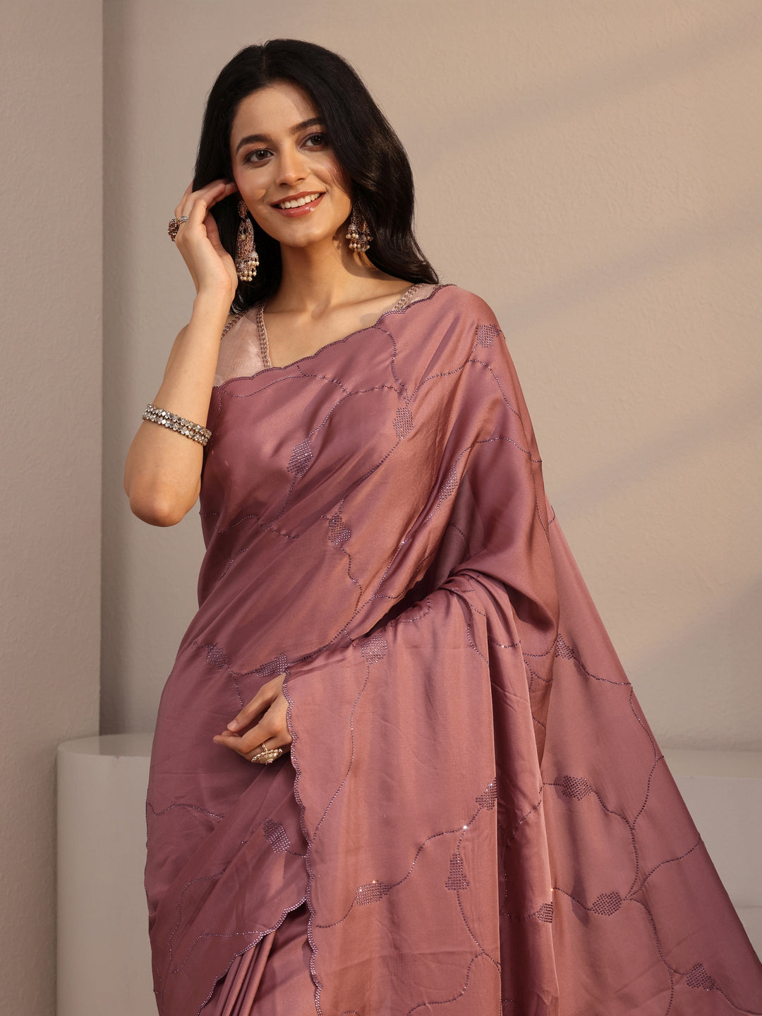 Mauve Embellished Satin Saree With Unstiched Blouse Piece