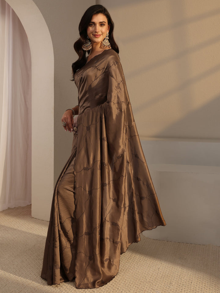 Brown Embellished Satin Saree With Unstitched Blouse Piece