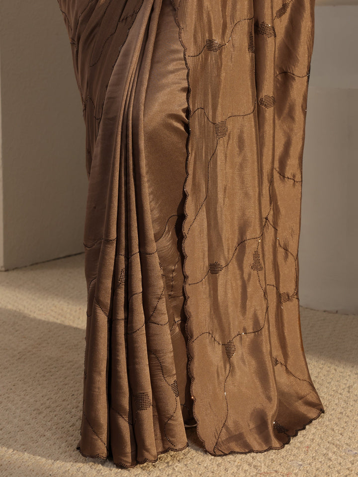 Brown Embellished Satin Saree With Unstitched Blouse Piece