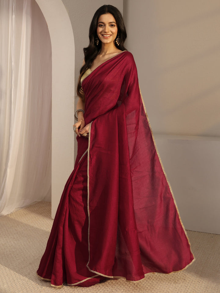 Red Solid Silk Blend Saree With Unstiched Blouse Piece