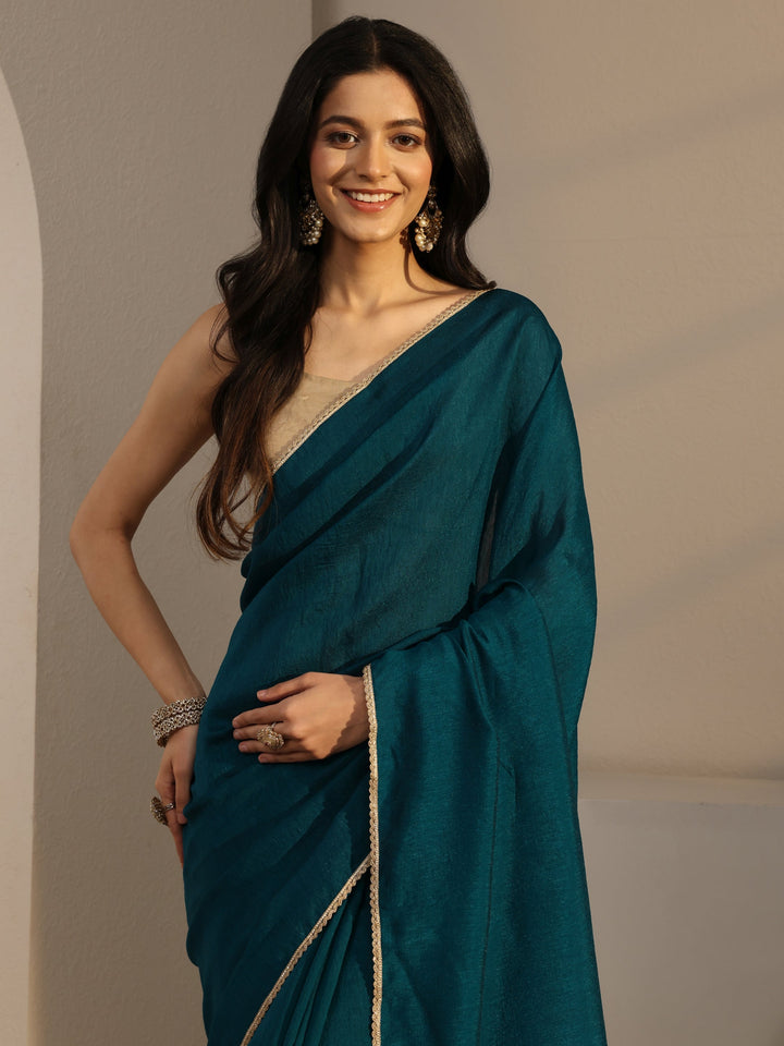 Blue Solid Silk Blend Saree With Unstiched Blouse Piece