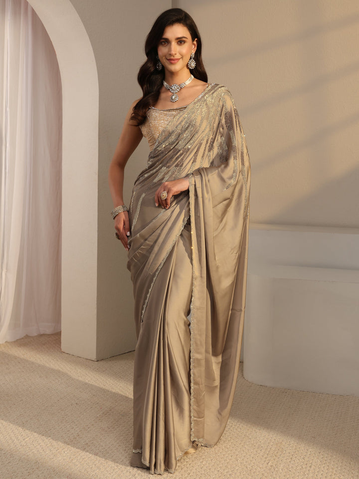 Libas Taupe Solid Satin Saree With Unstitched Blouse Piece