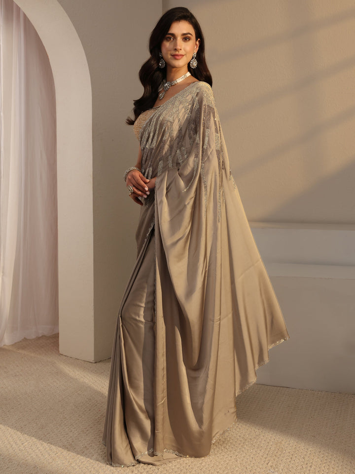 Libas Taupe Solid Satin Saree With Unstitched Blouse Piece