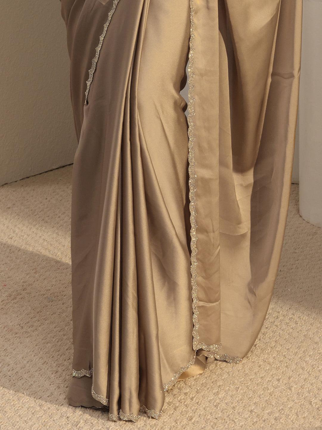 Libas Taupe Solid Satin Saree With Unstitched Blouse Piece