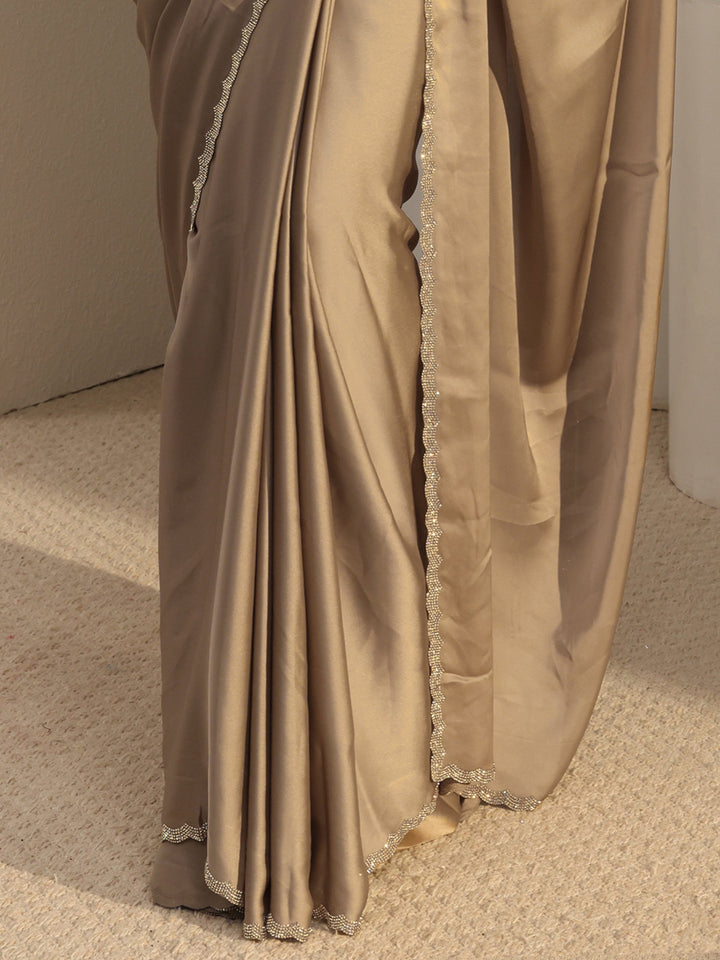 Libas Taupe Solid Satin Saree With Unstitched Blouse Piece