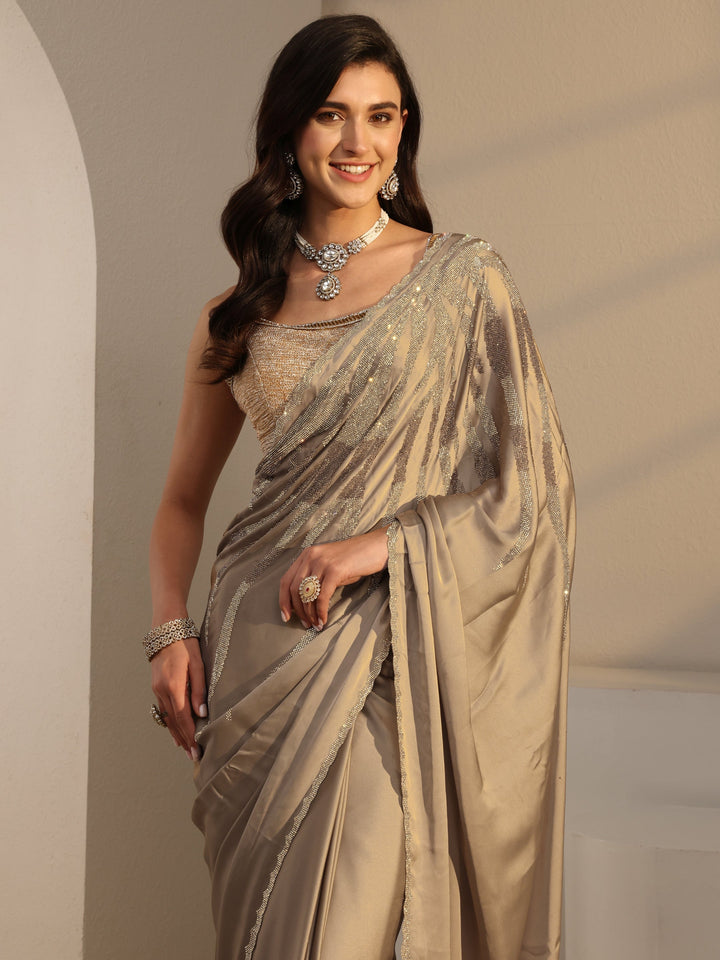 Libas Taupe Solid Satin Saree With Unstitched Blouse Piece